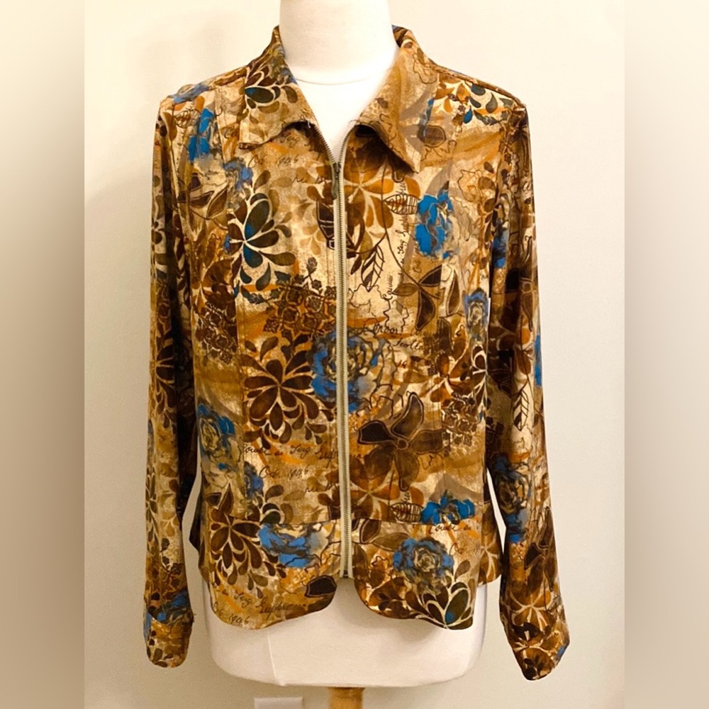 Christopher & Banks Brown Blue Floral Leaf Print SZ L Grandma Chic Rustic Jacket